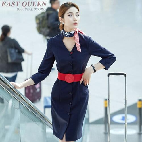 Midi dress with belt flight attendant uniform women ladies elegant business office flight stewardess uniform KK2029