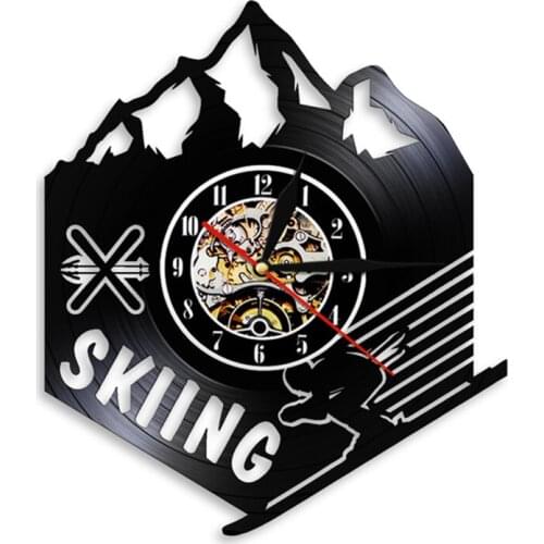 Skier Extreme Winter Sports Decoration Mountain Skiing Sign Wall Clock Ski Vinyl Record Wall Clock Skiing Decorative Clock Watch