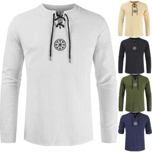 Medieval Viking Pirate Tops Shirt Costume Renaissance Mens Nordic Retro T-shirt Tee Lace-Up Mens Adult Embroidery Tunic Shirt