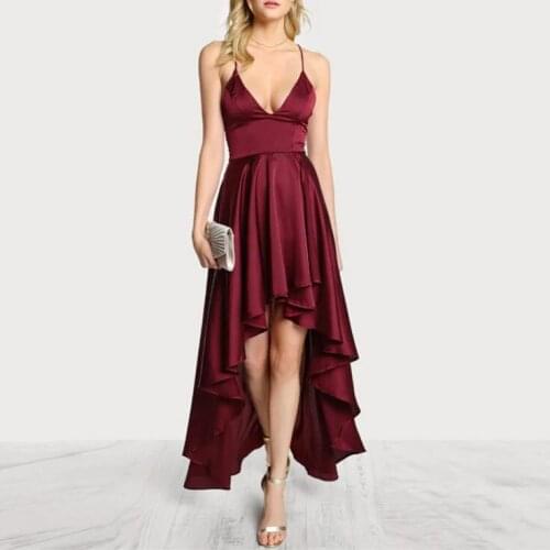 Vintage V-Neck Satin Hi-Lo Evening Dresses Pleated Sleeveless Asymmetrical Burgundy Abendkleider Robes de Soirée for Women
