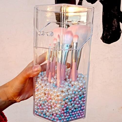 Acrylic Makeup Brush Holder Storage Box Transparent Flip Cover Bucket Beauty Brush Container Desktop Pen Lipstick Organizer