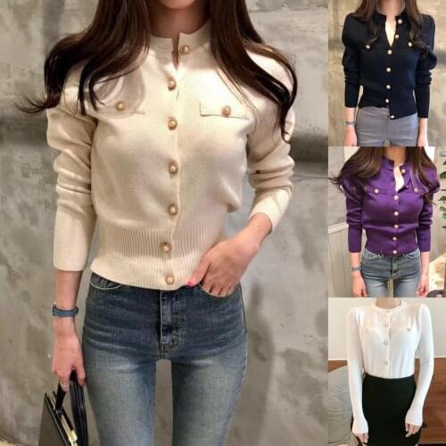 Women Autumn Single-breasted Slim Knitwear Coat Solid Color Long Sleeve Blouse