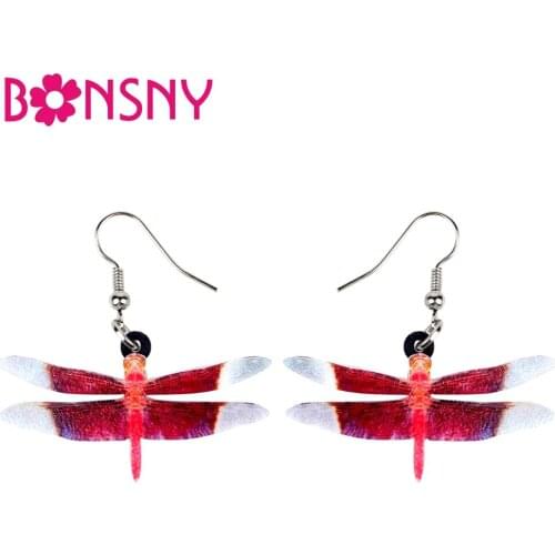 Bonsny Acrylic Unique Red Dragonfly Insect Earrings Big Long Dangle Drop Fashion Animal Jewelry For Women Girls Ladies Teen Gift