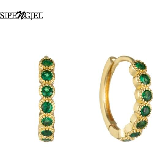 SIPENGJEL Simple Green Zircons Rivet Round Hoop Earrings Personality Gold Silver Color Huggies Piercing Earrings For Women