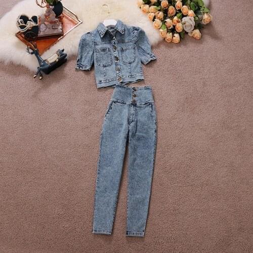 Retro Denim Shirt and Pants Set Women Short Sleeve Denim Top and Chic High Waist Jeans Trendy 2 Pieces Set