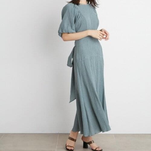 Elegant Ol O Neck Puff Sleeve Women Dress Back Hollow Out Bow Belt Slim Femme Robe Summer 2021 Chic Plaid Ice Silk Vestidos