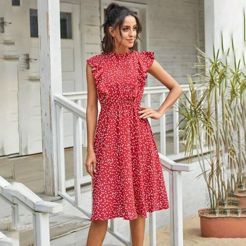 Summer Dress Women New Fashion Sleeveless Ruffles Print Beach Party Dress Elegant O-neck Office Casual Dresses For Femme