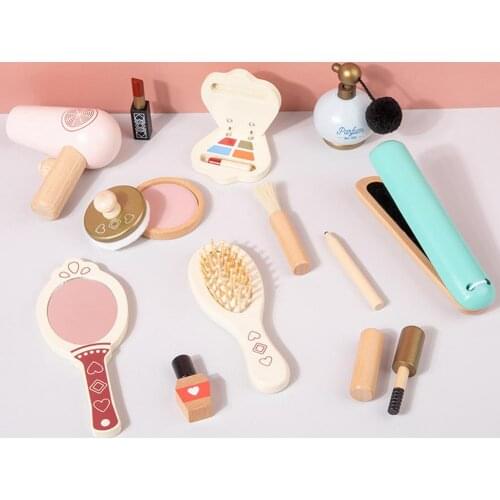12Pcs Wooden Beauty Salon Pretend Makeup Toy Girls Role Play Cosmetics Toy Simulation Beauty Fashion Accessories For Kids Gifts