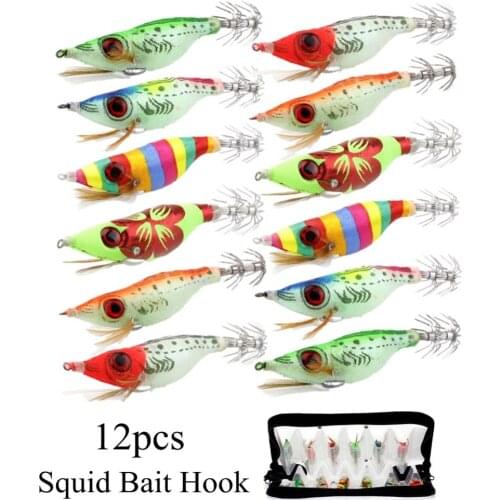 12 pcs Squid Bait Hooks 9g Big Eyes Wooden Shrimp Jig Fishing Lures Hooks Wood Artificial Luminous Jigging Lure with Bag