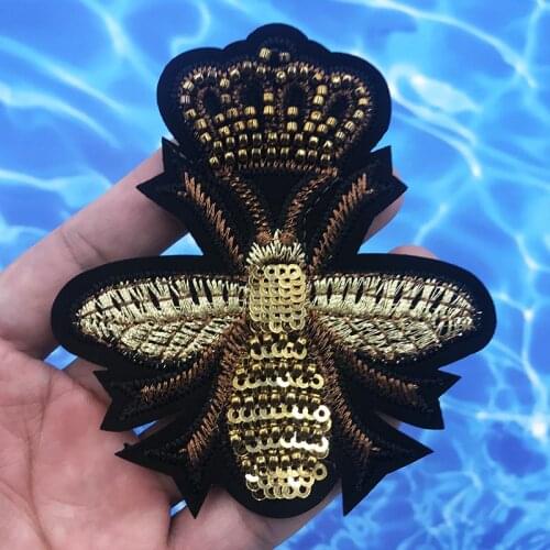 Beaded Sequin Fashion Gold Crown Bee Badge Design Patches Sew on Appliques Fabric Repair Patches Garment Decorated