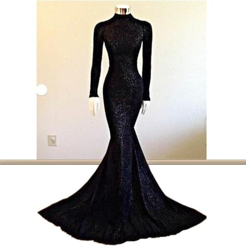 Simple Design Black Long Sleeve Evening Dresses Mermaid High Neck Evening Prom Party Dresses vestidos de fiesta de noche