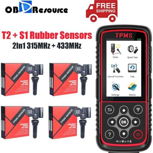 OBDResource T2 TPMS Programming Diagnostic Tool with OBD2 Cable 4Pcs S1 Rubber Tire Pressure Sensors 315/433MHz Car Code Reader