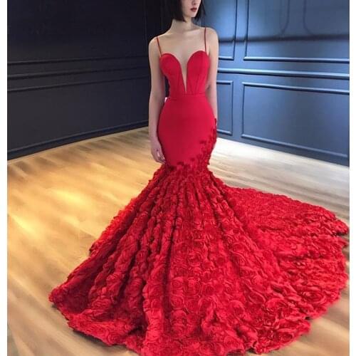 Red Mermaid Prom Dress 2021 Spaghetti Straps Sweetheart Flowers Evening Formal Party Gowns vestido de fiesta de boda