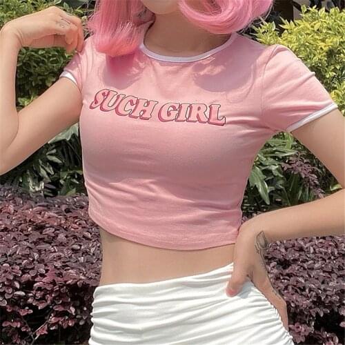 Kawaii Women Fashion Pink Short Sleeve Letter Print Crop Top Casual Sweet O-Neck Slim Fit T-Shirt Summer 2021 Tees