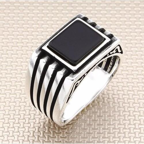 Rectangle Black Onyx Stone Men Silver Ring With Symmetrical Motif Made in Turkey Solid 925 Sterling Silver
