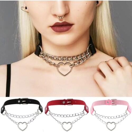 New Punk Ladies Gothic Leather Anime Choker Necklace Heart Chain Rivets Buckle Collar Necklaces & Pendants Collier Femme Jewelry