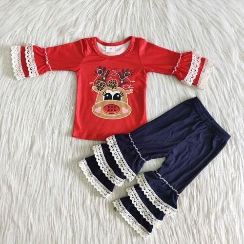 New Arrival Winter Long Sleeve Clothes High Quality Girl Deer Pattern Top and Denim Pants set Kids Christmas Outfits