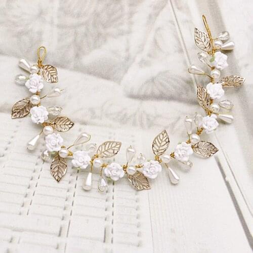 Golden Leaf Crystal Rhinestone Pearls Flower Bride Hair Vine Hairband Bridal Headband Women Wedding Jewelry Hair accessories