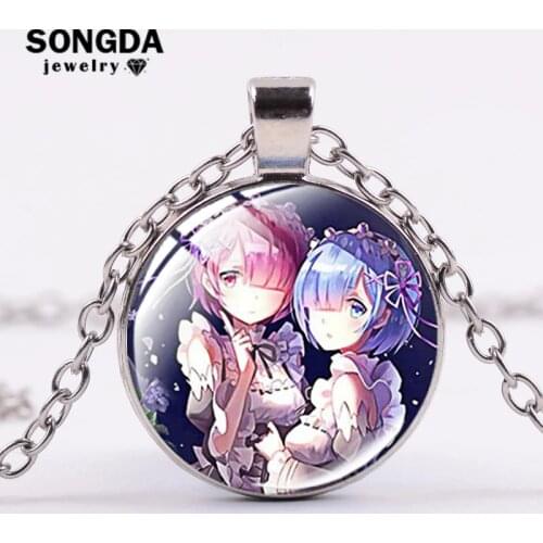 SONGDA Anime RE: ZERO Necklace Ram Rem Emilia Kawaii Girls Cartoon Figures Printed Transparent Glass Dome Pendant Long Necklace