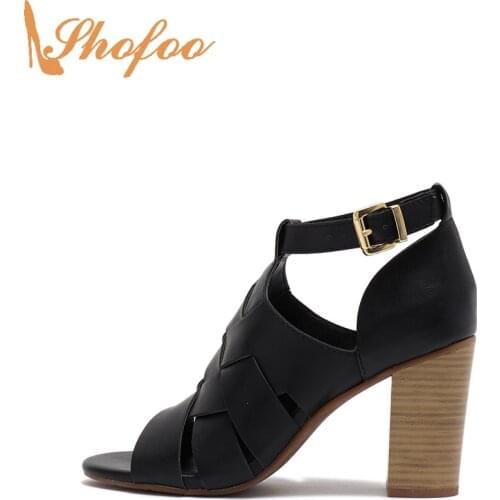 Black High Chunky Heels Sandals Woman Buckle Straps Large Size 14 16 For Ladies Summer Fashion Mature Sexy Party Shoes Shofoo