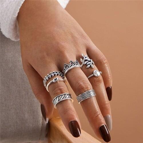 LETAPI Silver Color Leaf Crown Rings for Women Antique Punk Knuckle Midi Rings Set Vintage Anillos Jewelry Accessories