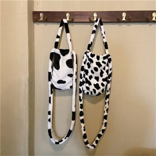 Winter Fashion Plush Soft Shoulder Messenger Bag Cute Milk Cow Pattern Ladies Tote Faux Fur Bags Fluffy Female Small Handbag