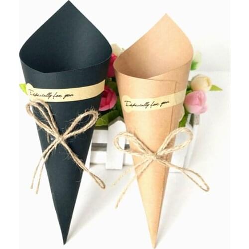 50PCS Packing Bag Kraft Paper Bags Cone Flower Gift Box Chocolate Sweet Popcorn Wrapping Birthday Wedding Creative Folding