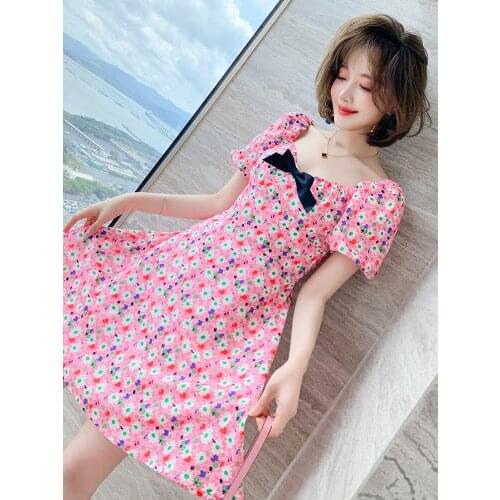 Top Quality V-neck Contrast bow daisy print dress summer new