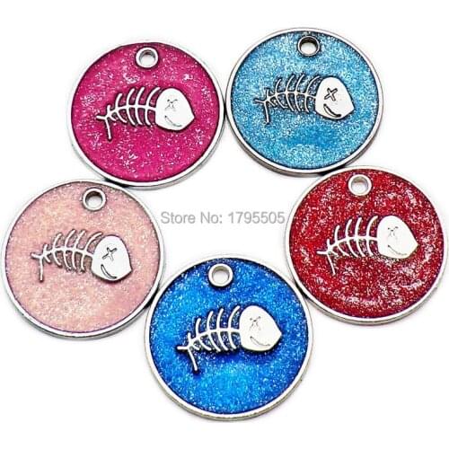 Wholesale 100Pcs bright round tags fish bone Customized Pet Dog Cat Collar Accessories Cat Customize tag Dog Leashes Custom-made