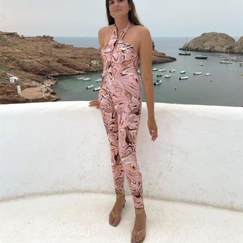 Woman Sexy Slim Elasticity Halter Jumpsuits 2021 Summer Fashion Female Backless Print Jumpsuit Ladies High Street Rompers