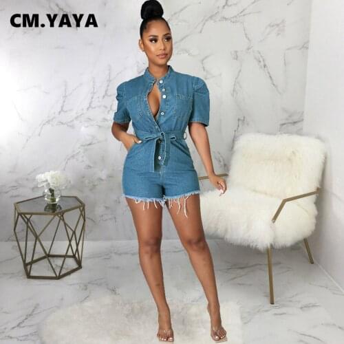 CM.YAYA Women Denim Playsuit Short Sleeve Single Breasted Bandage Sashes Stretchy Playsuits Fashion One Piece Overalls Summer