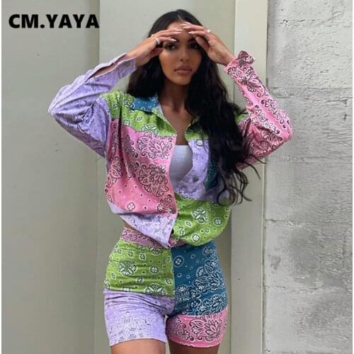 CM.YAYA Women Set Bandanna Paisley Print Full Sleeve Shirts Tops Stretchy Shorts Two 2 Piece Set Fashion Outfit Summer Tracksuit