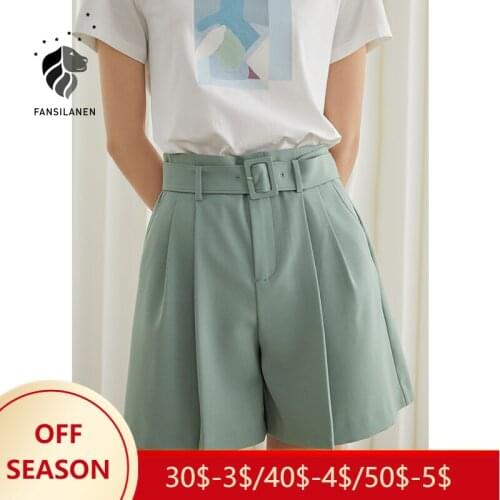 FANSILANEN Office Lady Suit Green Shorts Women 2021 Summer Loose Pants Drape High Waist Wide Leg Pants Straight Casual Pants
