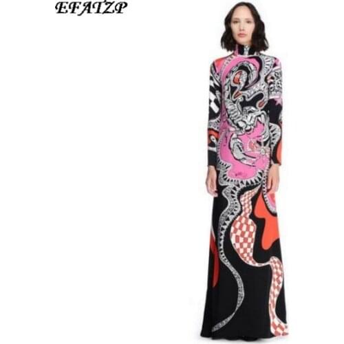 2017 Autumn Luxury Brands Jersey Silk Long Dress Womens Vintage Baroque Print Bodycon Spandex Stretchable Signature Maxi Dress