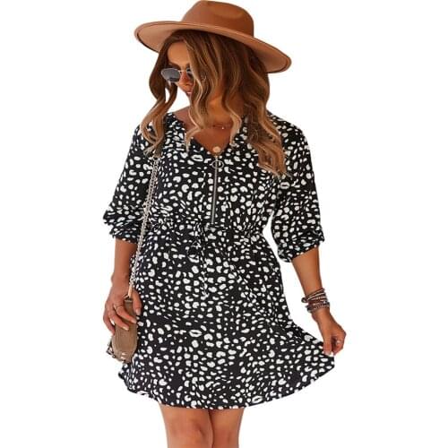 Autumn Dress Women Leopard Print A-Line Dresses Robe Femme Drawstring Zipper V-Neck Long Sleeve Dress For Woman Vestido De Mjuer