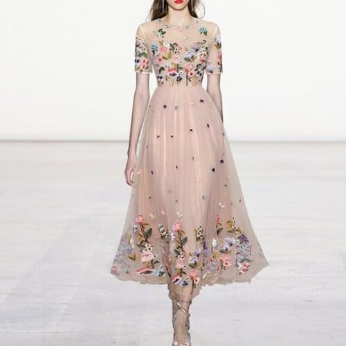 2021 Summer Long Dress Women Pink Embroidery Mesh Patchwork Short Sleeve Elegant High Quality Slim Dresses