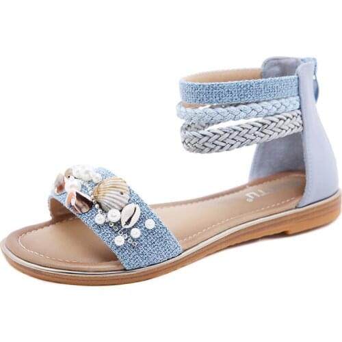 2021 New Style Womens Sandals Shell Beaded Low Heel Retro Roman Shoes