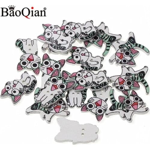 50pcs Cute Cat Shaped Wooden Buttons Animal 2 Holes Mixed Sewing Accessories Wood Botton For Clothing DIY Scrapbooking