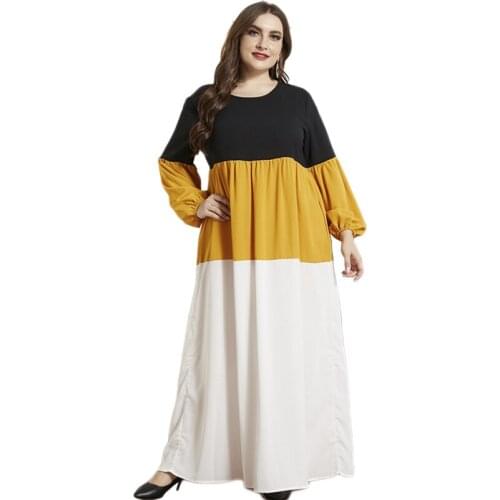 Dubai Casual Ramadan Islamic Maxi Robe Abaya Muslim Women Long Dress Patchwork Color Blcok O-neck Long Sleeve Ramadan Turkish