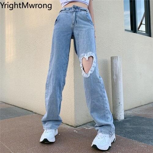 Cut Hollow Love Lace Ruffle Heart Hole High Waist Denim Pant Jeans Korean Trouser Lolita Kawaii Cute Teenager Student Girl Women