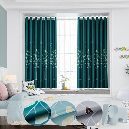 Leaf Print Short Curtains for Bedroom Gray Polyester Fabric Kitchen Window Door Panels 1 Piece Custom Made Living Room Drapes