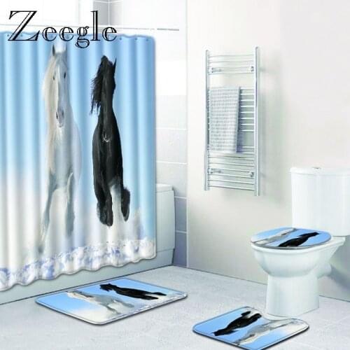 Zeegle Horse Pattern Bath Mat and Shower Curtain Set Lid Toilet Cover Pedestal Soft Rug Non-slip Shower Mat Bathroom Accessories