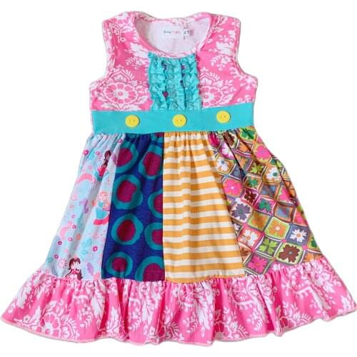 Baby girl summer pink floral tops with blue placket multi pattern lovely dress Colorful tank dresses with yellow button