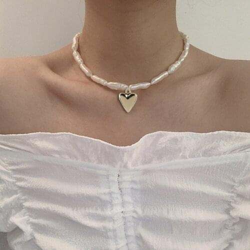 Lifefontier Vintage Baroque Irregular Pearl Chain Necklaces for Women Gold Color Metal Love Heart Pendant Necklace Jewelry Gifts