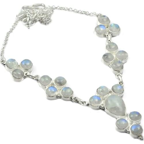 NiaoZaiFei YunZaiKan Nature Rainbow Moonstone Necklace 925 Sterling Silver, 49 cm, MHBNE0004