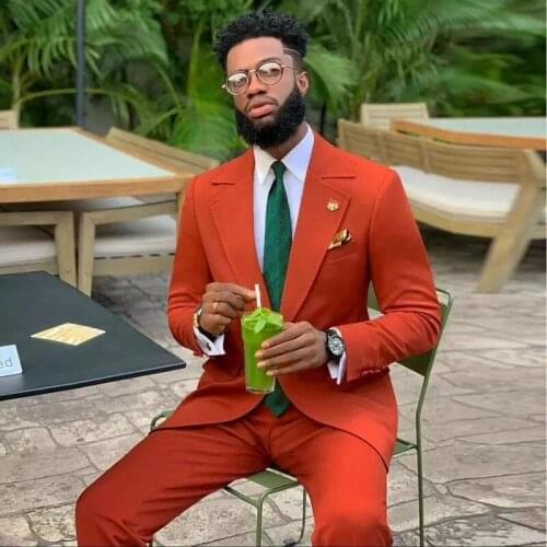 New Arrival Orange Peak Lapel Mens Suits Slim Fit Bridegroom Wedding Tuxedos Terno Masculino Groom Blazer Prom 2 Pcs Jacket Pant