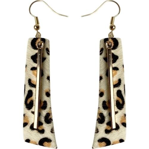 New Leopard-Print Horsehair Cowhide Metal Stripes Bar Cow Leather Drop Earrings for Women