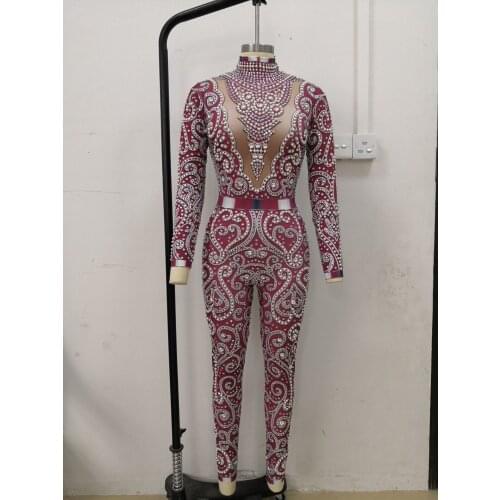 New Red Crystals Jumpsuit long Sleeves Birthday Celebrate outfit Stretch Sexy Bodysuit Stage Performance Dance Rompers