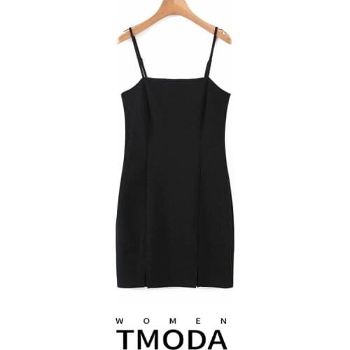 TMODA1440 Za 2021 Sexy Spaghetti Strap Backless Knitting Mini Dresses Split Hem Elastic Slim Sleeveless Casual Cotton Dresses