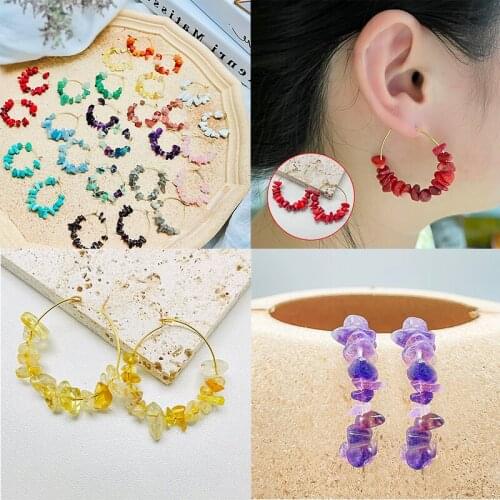 POMLEE Real Nature Stone Hoop Earrings for Women Amethyst Crystal Aquamarine Gold Big Round C-Shape Stud Earrings Party Jewelry